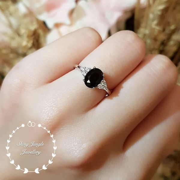 Three Stone Black Spinel Engagement Ring, 2 Carats Oval Gothic Opaque Black Gemstone Ring, Sterling Silver