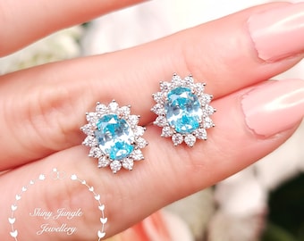 Diana Halo Aquamarine Stud Earrings, 2 Carats Sky Blue Studs, March Birthstone Gift, Bridal Earrings