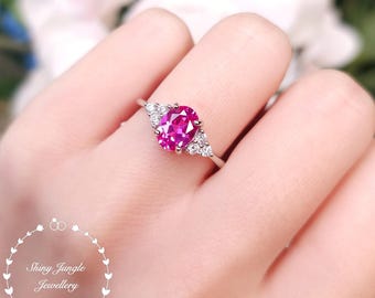 2 Carats Pink Sapphire Three Stone Engagement Ring, Genuine Lab Grown Oval Hot Pink Sapphire Ring, September Birthstone Promise Ring