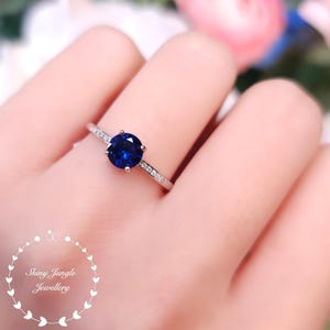 Delicate Round Cut Sapphire Engagement Ring, Dainty Genuine Lab Grown Sapphire Solitaire Ring with Pavé, September Birthstone Promise Ring