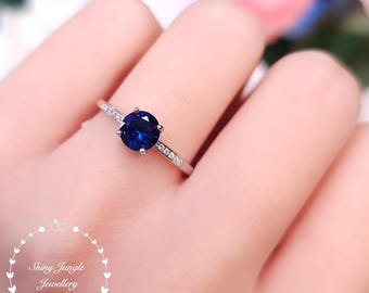 Delicate Round Cut Sapphire Engagement Ring, Dainty Genuine Lab Grown Sapphire Solitaire Ring with Pavé, September Birthstone Promise Ring