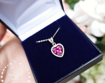 Heart Cut Pink Sapphire Necklace, 2 carats 8*8 mm Genuine Lab Grown Pink Sapphire Halo Pendant, September Birthstone gift, Hot Pink Sapphire