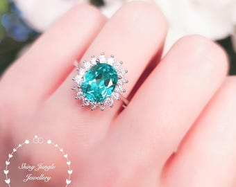 Halo Paraiba Tourmaline ring, 3 carats 8*10 mm Turquoise Green Tourmaline Ring, Oval Cut Bluish Green Gemstone Ring, October Birthstone Ring