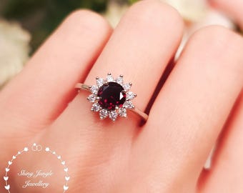 Flower Halo Garnet Engagement Ring, 1 carat 6 mm Round Cut Deep Red Lab Garnet Diana Halo Ring, January Birthstone Gift, Promise Ring