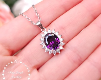 Diana Halo Oval Amethyst Pendant, 3 Carats 8*10 mm Oval Cut Amethyst Solitaire Necklace, February Birthstone Gift, Purple Gemstone Necklace