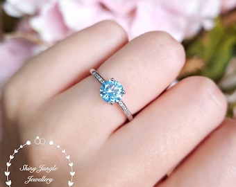 Round Swiss blue topaz ring, delicate lab blue topaz engagement ring, white gold plated sterling silver, blue gemstone ring, aquamarine ring