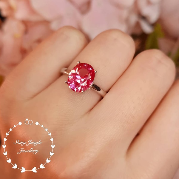 Rare Padparadscha Sapphire Solitaire Engagement ring, Genuine Lab Grown Oval 3 Carats 8*10 Sunset Orangy Pink Sapphire, September Birthstone