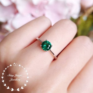 Delicate emerald ring, round emerald engagement ring, emerald promise ring, white gold plated sterling silver, dainty green gemstone ring