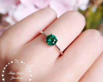 Delicate emerald ring, round emerald engagement ring, emerald promise ring, white gold plated sterling silver, dainty green gemstone ring