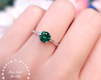 Delicate emerald ring, 1 carat 6 mm round emerald engagement ring with diamond simulants pave, dainty green gemstone promise ring