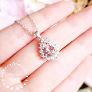 Halo Pear Shaped Morganite necklace, 7*9 mm Pear cut Morganite pendant, Teardrop solitaire necklace, blush pink gemstone, sterling silver