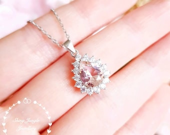 Halo Pear Shaped Morganite necklace, 7*9 mm Pear cut Morganite pendant, Teardrop solitaire necklace, blush pink gemstone, sterling silver