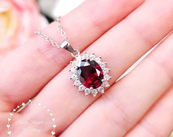 Diana Halo Oval Garnet Necklace, 3 carats 8*10 mm Oval Cut Garnet Royal Halo Pendant, January Birthstone Gift, Deep Red Gemstone Necklace