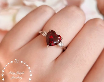 Heart Cut Three Stone Garnet Engagement Ring, 2 carats 8 mm Deep Red Garnet Promise Ring, January Birthstone Gift, Valentine's Gift For Her