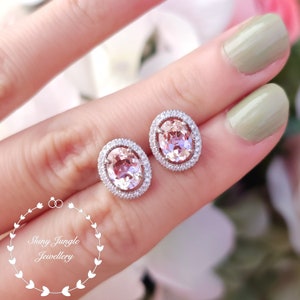 Modern Halo Oval cut Morganite stud earrings, Pastel Pink Morganite bridal earrings, white/rose gold plated silver, delicate halo earrings