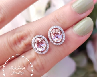 Modern Halo Oval cut Morganite stud earrings, Pastel Pink Morganite bridal earrings, white/rose gold plated silver, delicate halo earrings
