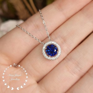 Genuine Lab Grown Sapphire Necklace, Delicate 1 Carat 6mm Round Cut Royal Blue Sapphire Halo Pendant, September Birthstone Gift