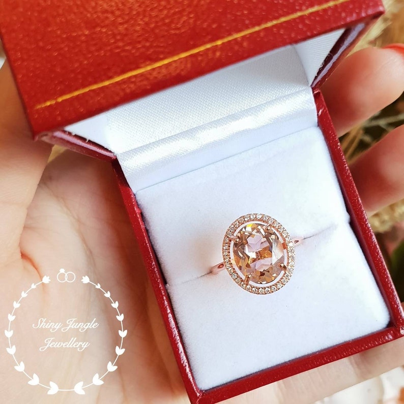 pink gemstone ring 5 carat oval cut lab morganite Statement Morganite ring whiterose gold plated halo engagement ring solitaire ring