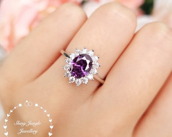 Halo Amethyst ring, 2 carats 6*8 mm Diana Halo Oval Cut Amethyst Engagement Ring, February Birthstone Promise Ring, Purple Gemstone Ring