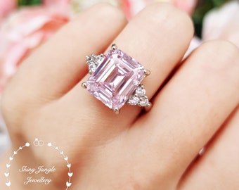 Statement Pink Diamond Ring, 8 carats 10*12 mm Emerald Cut Fancy Pink Diamond Simulant Cocktail Ring, Pastel Pink Diamond Three Stone Ring