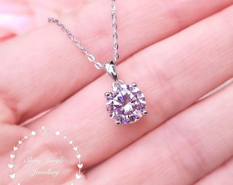 Pastel Pink Diamond Solitaire Necklace, 2 Carats Pink Diamond Simulant, Sterling Silver 4 Prong Set