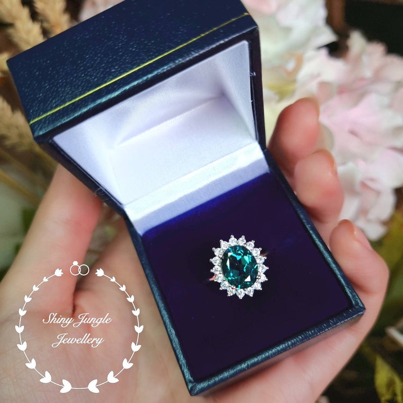 Halo 3 Carats Oval Cut Indicolite Tourmaline Engagement Ring, Teal Green Tourmaline Ring, Deep Turquoise Tourmaline Ring, October Birthstone image 8