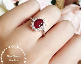 2 carats royal halo genuine lab grown ruby engagement ring, July Birthstone promise ring, white/rose gold plated silver,red gem cluster ring