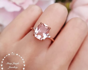 Cushion cut Morganite ring, Morganite engagement ring, three stone Morganite ring, white gold plated sterling silver, pink stone ring