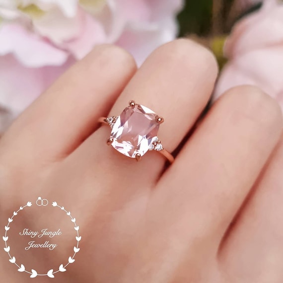 Cushion Cut Morganite Ring, Morganite Engagement Ring, Three Stone