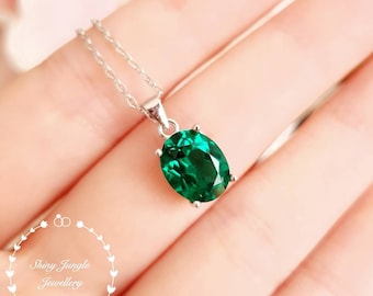 Muzo Green Oval Emerald Necklace with Chain, 3 Carats Oval Cut Lab simulated Emerald Solitaire Necklace, Sterling Silver May Birthstone Gift