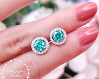 Paraiba Tourmaline Studs, Modern Halo 1 Carat Round Cut Paraiba Tourmaline Earring, Teal Green Tourmaline Earrings, October Birthstone Gift