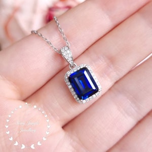 Emerald cut Genuine lab grown Royal Blue Sapphire Necklace, 3 Carats 7×9 mm Emerald Cut Sapphire Halo Pendant, white/rose gold plated silver