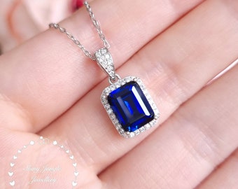 Emerald cut Genuine lab grown Royal Blue Sapphire Necklace, 3 Carats 7×9 mm Emerald Cut Sapphire Halo Pendant, white/rose gold plated silver