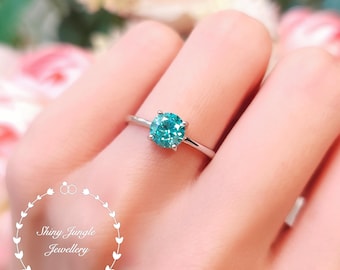 Paraiba Tourmaline Ring, 1 Carat Round Cut, Simple Sterling Silver Solitaire
