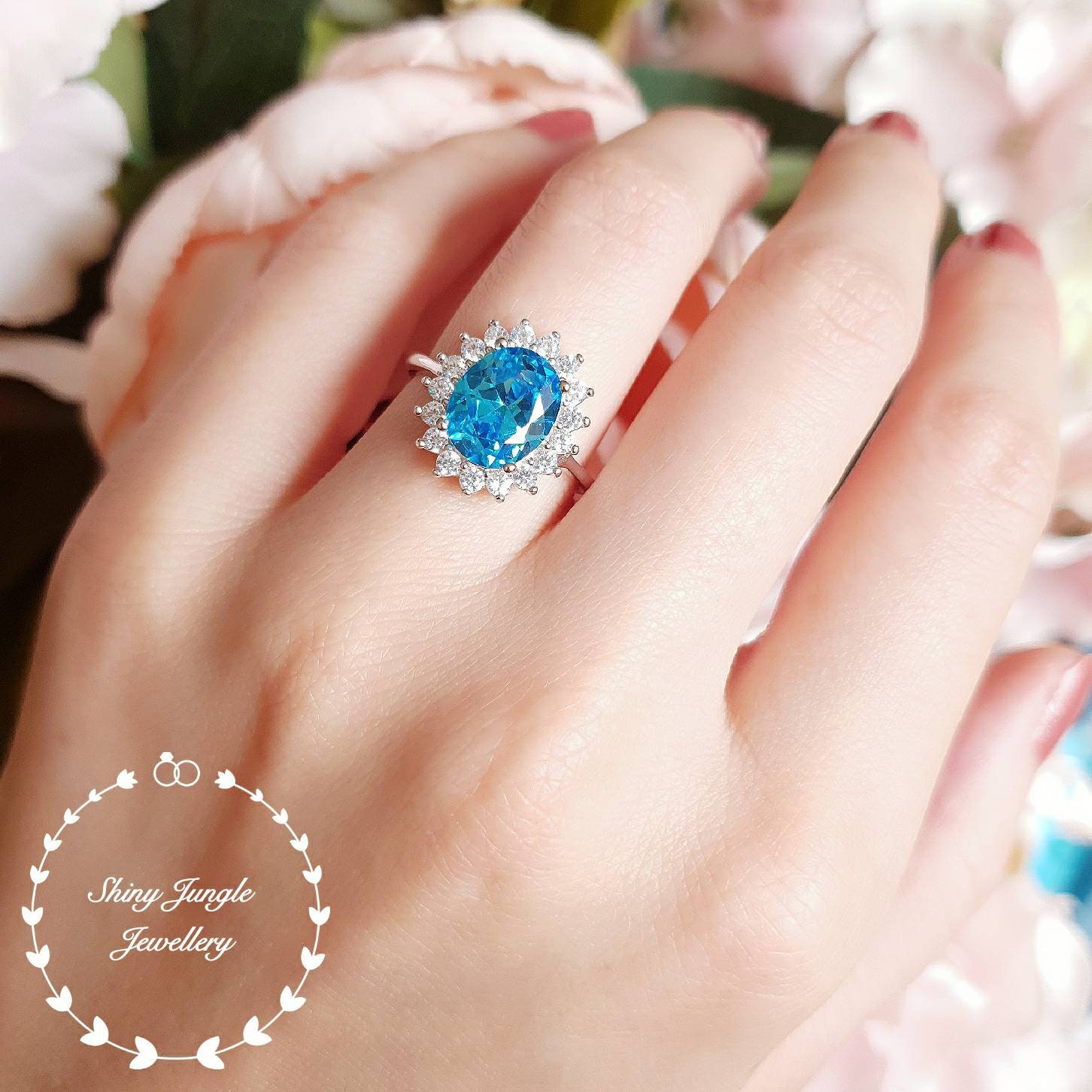 3 Carat Pear Genuine London Blue Topaz Halo Floral Engagement Ring 14K -  Giliarto