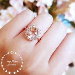 Morganite Halo engagement ring, padparadscha sapphire colour, solitaire ring, vintage design, Princess Eugenie, pink stone ring, oval cut