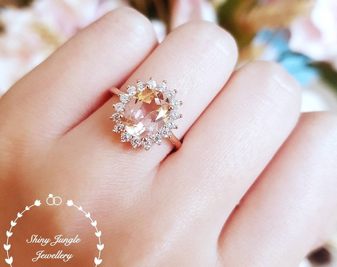 Featured listing image: Morganite Halo engagement ring, padparadscha sapphire colour, solitaire ring, vintage design, Princess Eugenie, pink stone ring, oval cut