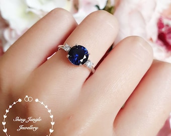 Round Genuine Lab Grown Sapphire Trilogy Engagement Ring, 2 Carats Royal Blue Sapphire Three Stone Ring, September Birthstone Promise Ring