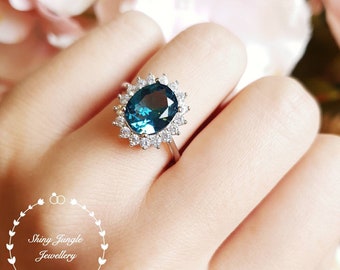 Royal Halo style London blue topaz engagement ring, 3 carats oval cut blue topaz promise engagement ring, white gold plated sterling silver