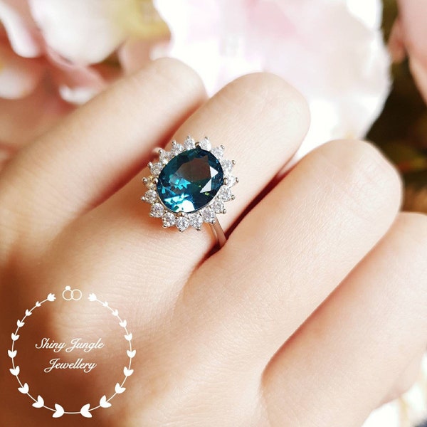 Royal Halo style London blue topaz engagement ring, 3 carats oval cut blue topaz promise engagement ring, white gold plated sterling silver