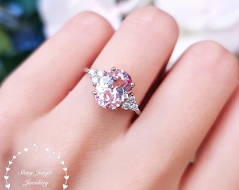 Rare Pastel Blush Pink Genuine Lab Grown Sapphire Engagement Ring, 3 Carats 8*10 Oval Light Padparadscha Sapphire Ring, Three Stone Ring
