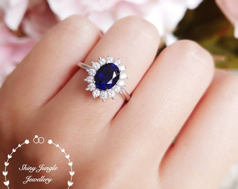 2 carats Royal Blue Genuine Lab Grown Sapphire Halo Engagement Ring, Diana Ring 6*8 mm Oval Cut Sapphire,September Birthstone Promise Ring,