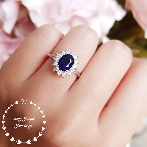 2 karaat Royal Blue echte Lab Grown Sapphire Halo verlovingsring, Diana Ring 6 * 8 mm ovaal geslepen saffier, september Birthstone Promise Ring,