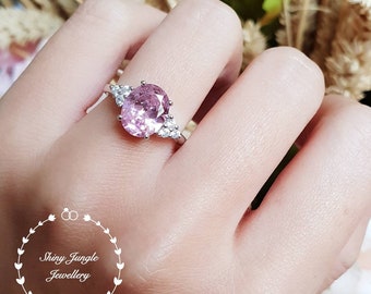 Oval pink diamond ring, engagement ring, 3 carats oval cut fancy pink diamond ring, Barbie pink ring, yellow diamond promise ring