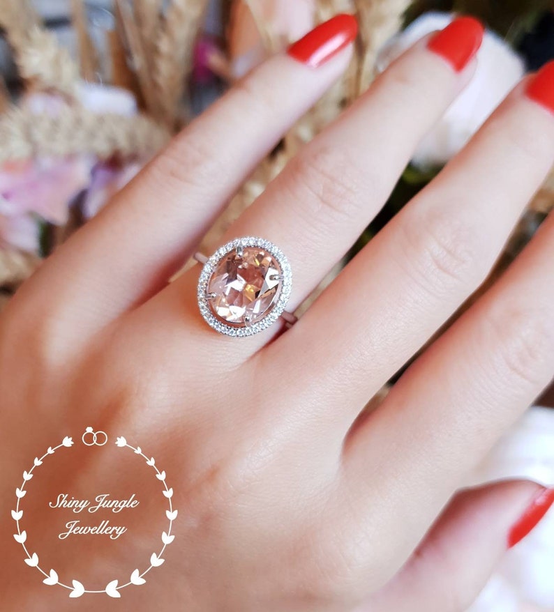 pink gemstone ring 5 carat oval cut lab morganite Statement Morganite ring whiterose gold plated halo engagement ring solitaire ring