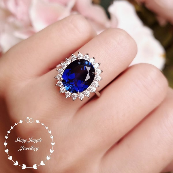 Statement 6 Carats Genuine Lab Grown Royal Blue Sapphire Ring, Oval 12×10mm Blue Sapphire Halo Cocktail Ring, Princess Diana Engagement Ring