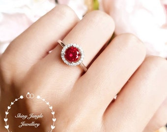 Genuine lab grown Pigeon's Blood Ruby Halo Engagement Ring, 1 carat 6 mm round cut ruby, white/rose gold plated silver, red gemstone ring