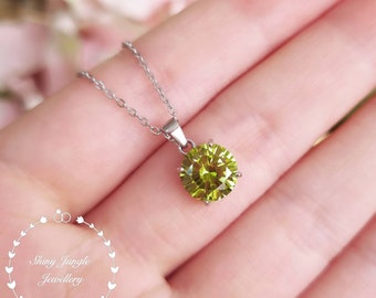 Round Peridot Necklace, 2 Carats 8 mm Round Cut Peridot Simple Pendant, August Birthstone Necklace, Olive Green Gemstone Birthday Gift