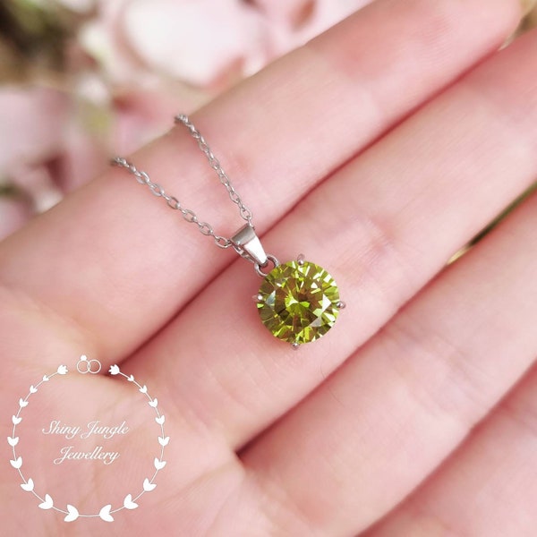 Round Peridot Necklace, 2 Carats 8 mm Round Cut Peridot Simple Pendant, August Birthstone Necklace, Olive Green Gemstone Birthday Gift