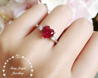 Heart shaped genuine lab grown ruby engagement ring, July birthstone promise ring, red heart ring, heart cut gem ring, red stone ring